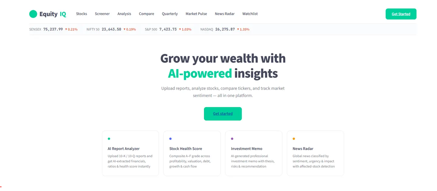 EquityIQ stock screening dashboard showing filters and valuation charts