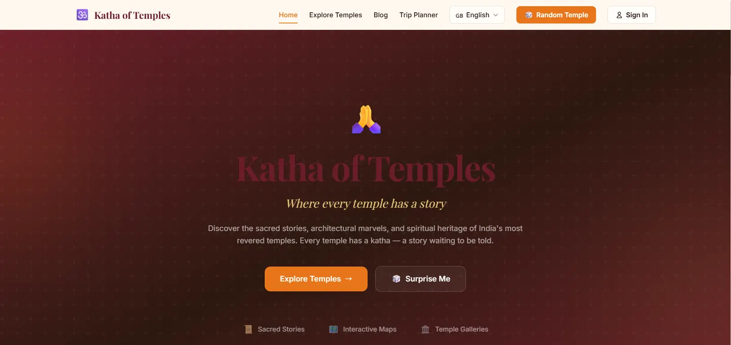 Katha of Temples platform showing an interactive map of Indian temples