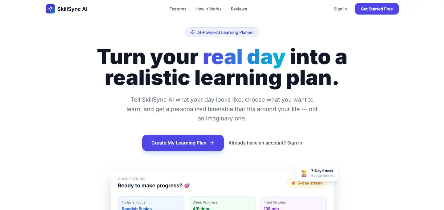 SkillSync AI learning planner showing a generated timetable with milestones