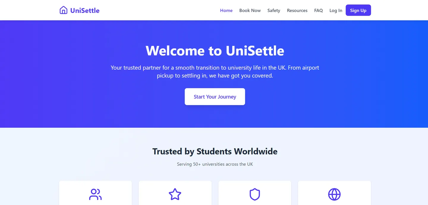 UniSettle booking platform showing airport pickup and starter kit options