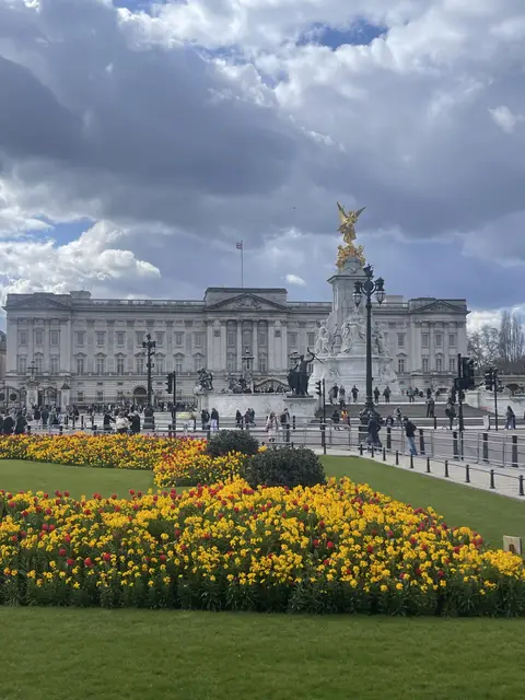 Buckingham Palace behind the gilded Victoria Memorial, with beds of red and yellow tulips in the foreground